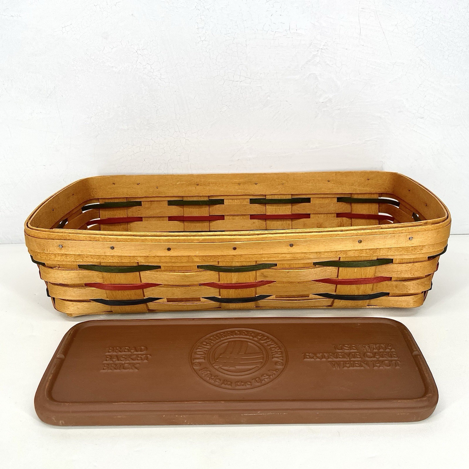 Longaberger Woven Traditions Bread Basket Red & Green With Warming Brick 1999 Longaberger Woven Traditions Bread Basket Red & Green With Warming Brick 1999