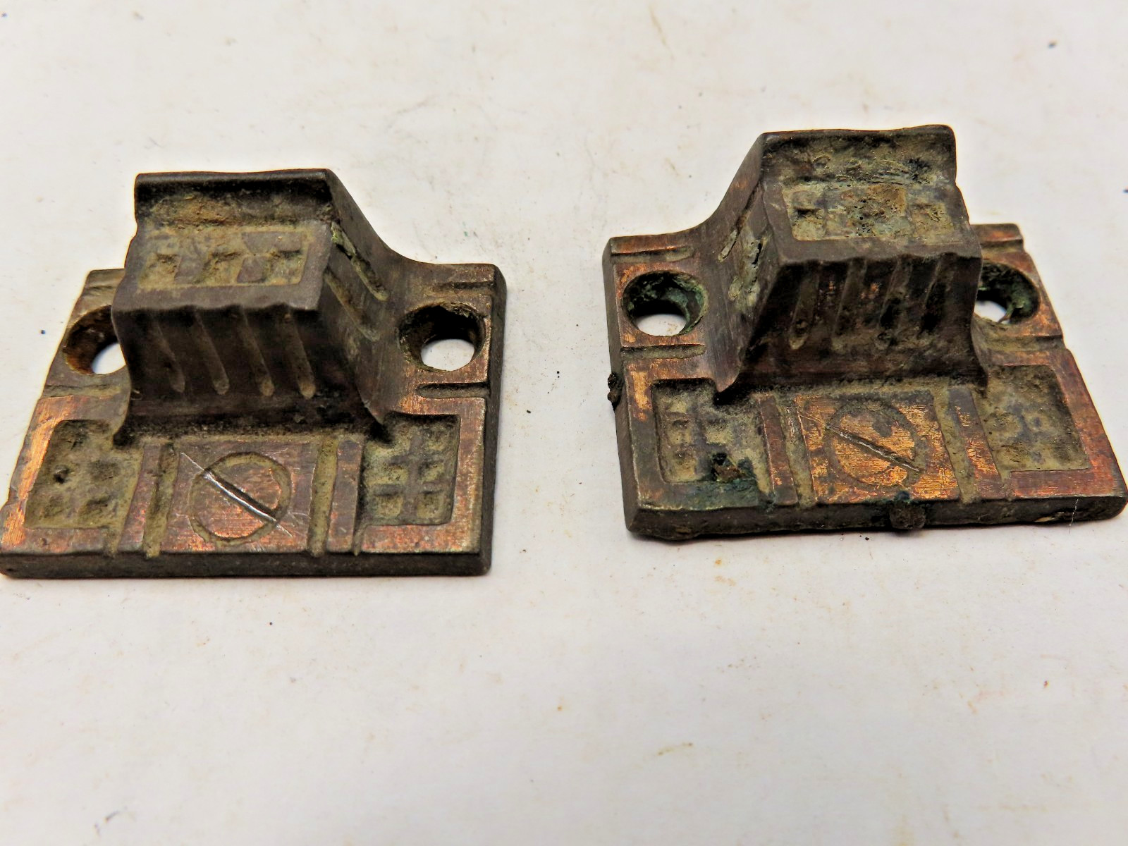 SALVAGED PAIR ANTIQUE DECORATED CAST IRON KEEPER CATCH 1-5/16\