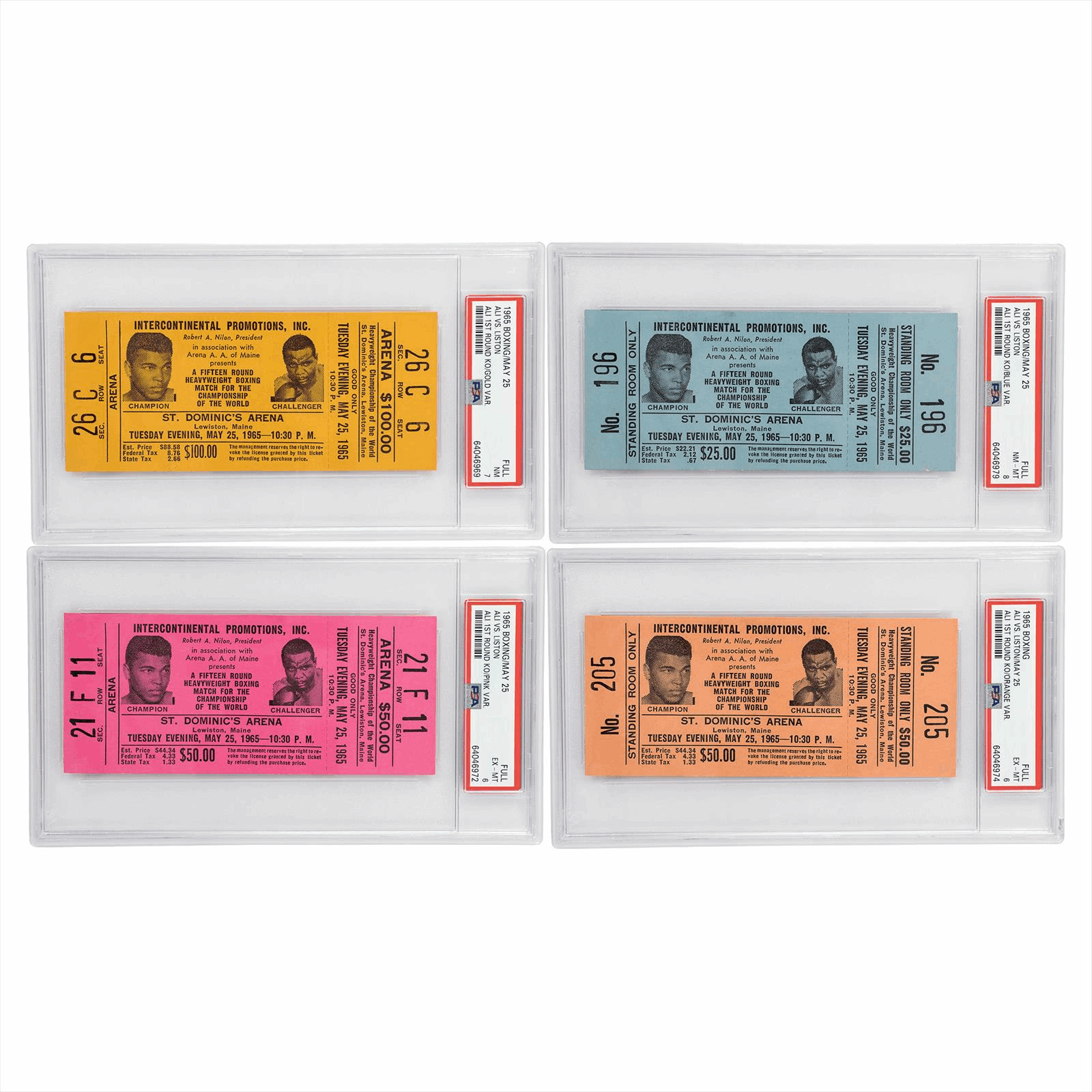 1965 4Pc Lot May 25th Ali Vs Liston Ali 1st Round KO Rainbow FULL PSA EX-MT 6-8