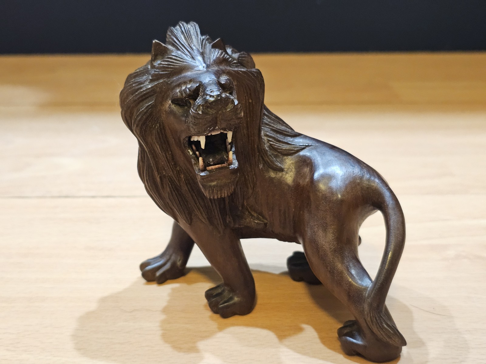 Vintage Hand Carved Rosewood Chinese Lion Glass Eyes & Teeth 5” Long Vintage Hand Carved Rosewood Chinese Lion Glass Eyes & Teeth 5” Long