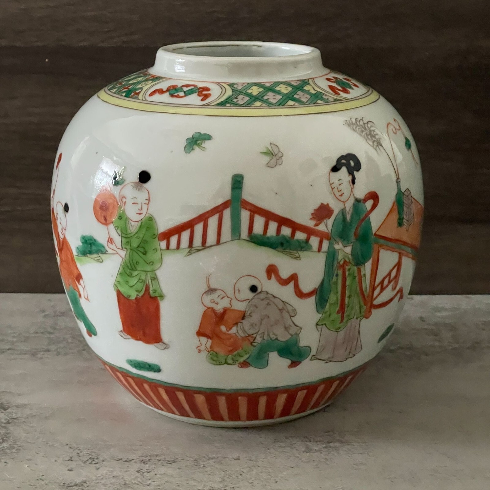Antique 19th c. Chinese Famille Verte Hand Painted Ginger Jar Late Qing Dynasty