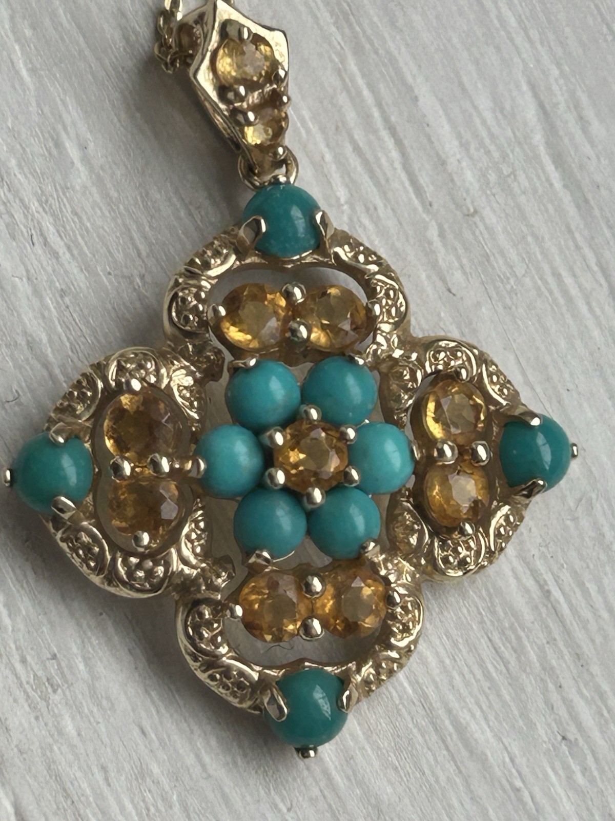 Antique Style 14k Pendant With Turquoise And Citrines