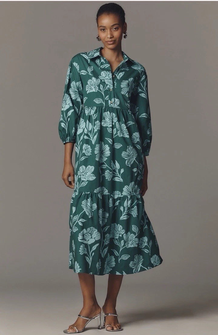 Maeve by Anthropologie Bettina Tiered Midi Dress Cotton Green Floral Medium M