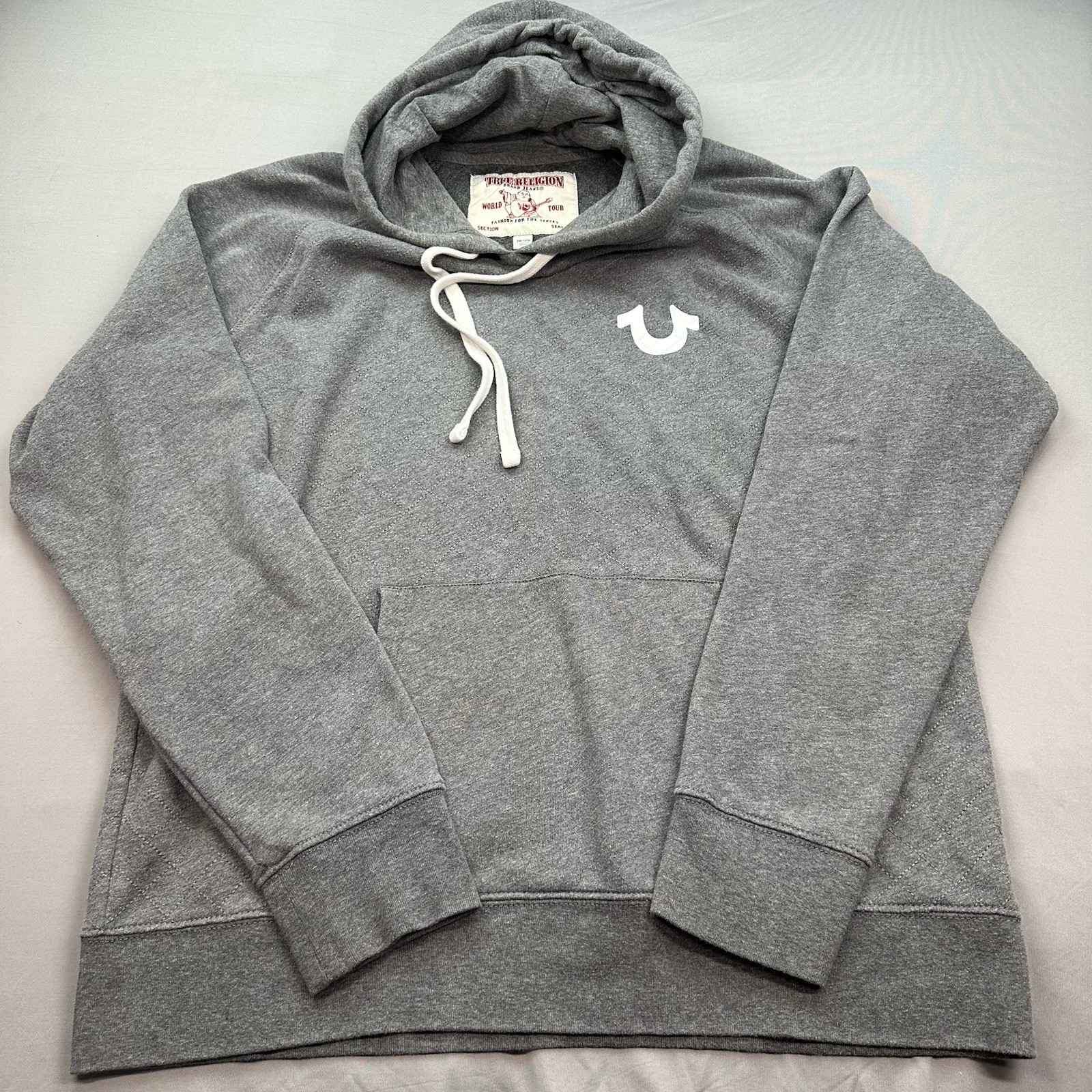 True Religion Sweater Mens 2XL Gray Hoodie Quilted Casual Kangaroo Grunge