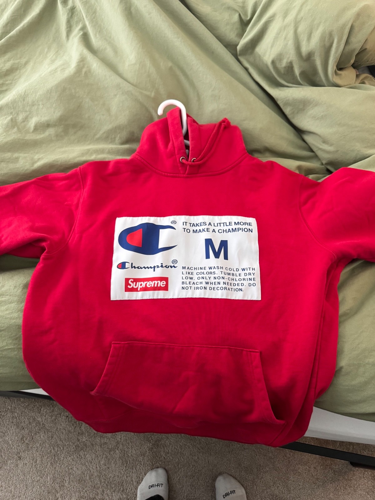 Supreme X Champion Label Red Box Logo Hooded Sweatshirt Hoodie Medium