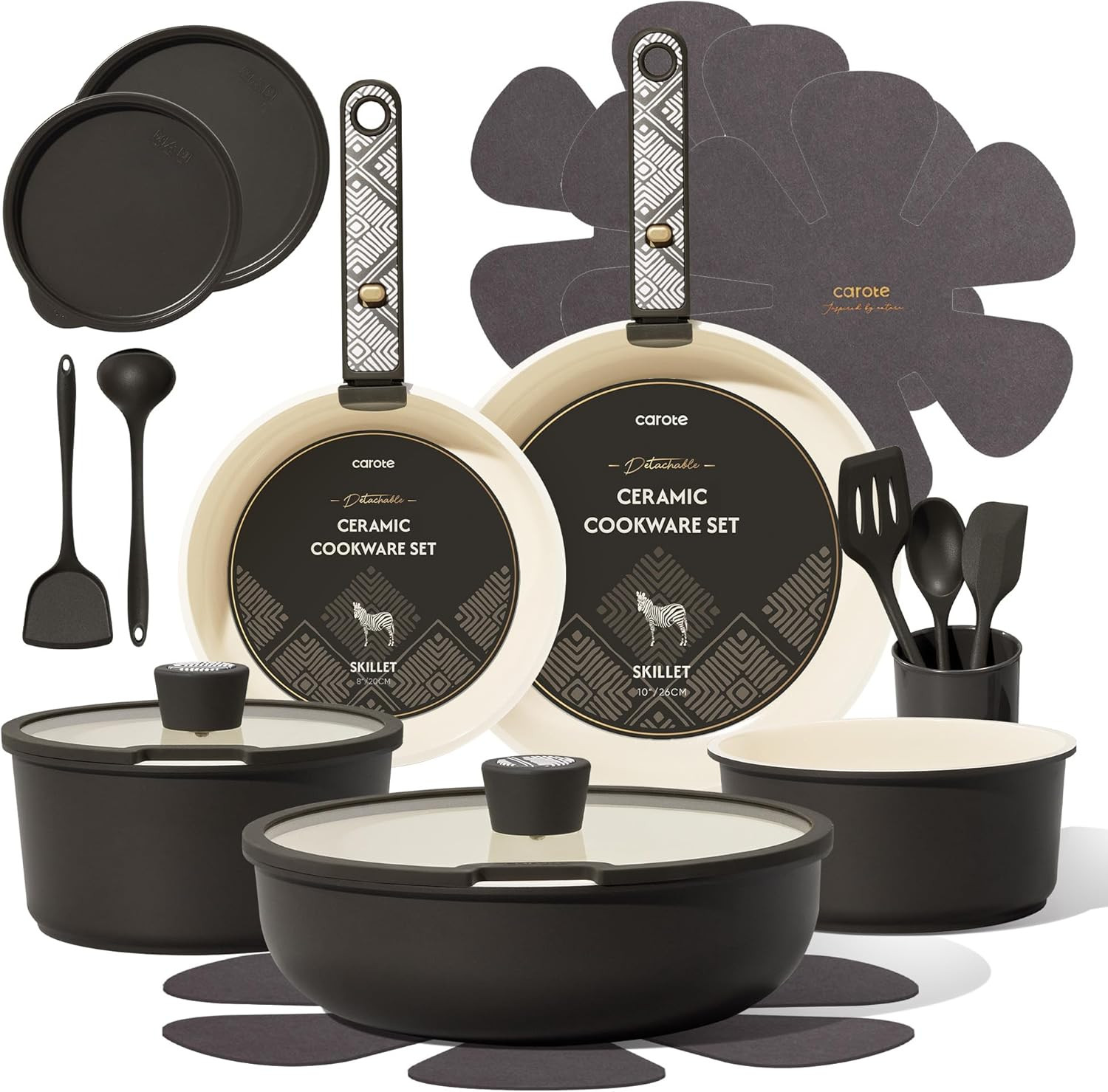CAROTE 21-Piece Ceramic Cookware Set, Nonstick Pots and Pans Set with Detachable