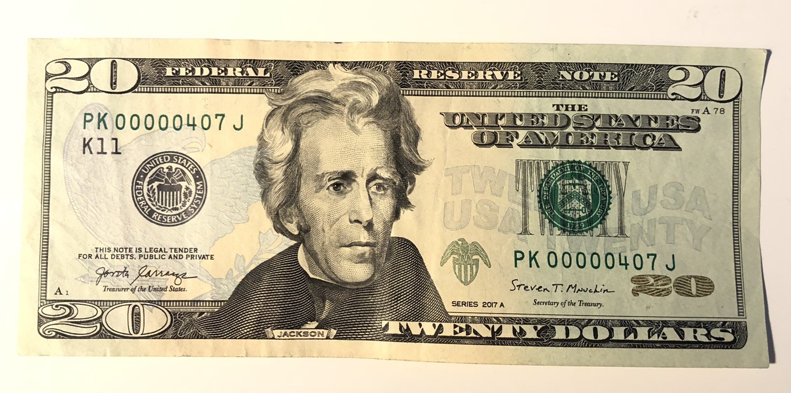 2017A $20.00 Bill Rare 3 Digit Trinary Note Ultra Low Serial Number PK00000407J