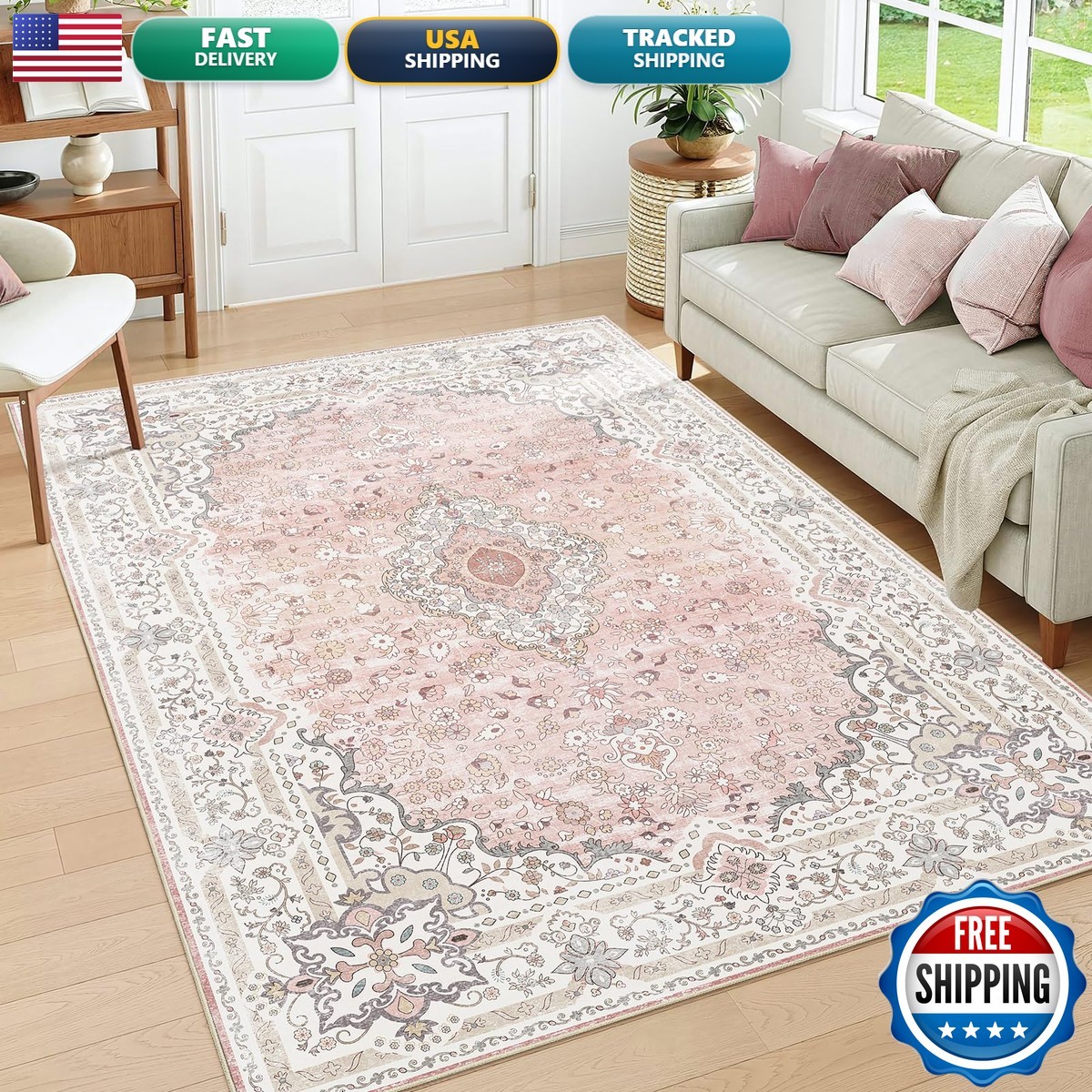 Brakki Pink 5x7 Area Rugs Living Room, Washable Vintage Boho Rug BR-AR03-PK-5x7 Brakki Pink 5x7 Area Rugs Living Room, Washable Vintage Boho Rug BR-AR03-PK-5x7