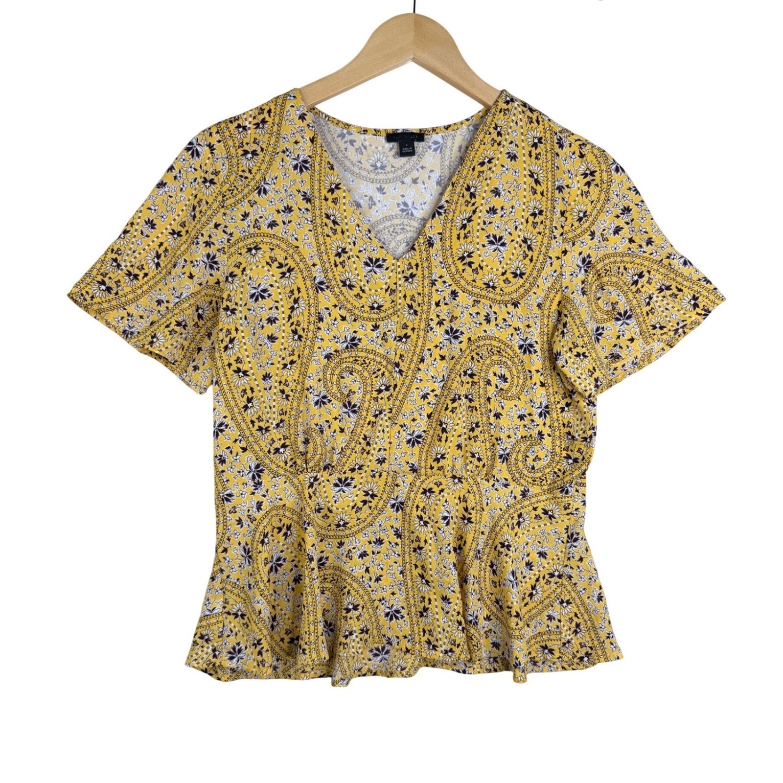 Ann Taylor Women\'s V-neckline Paisley Print Peplum Hem Blouse size Small Yellow