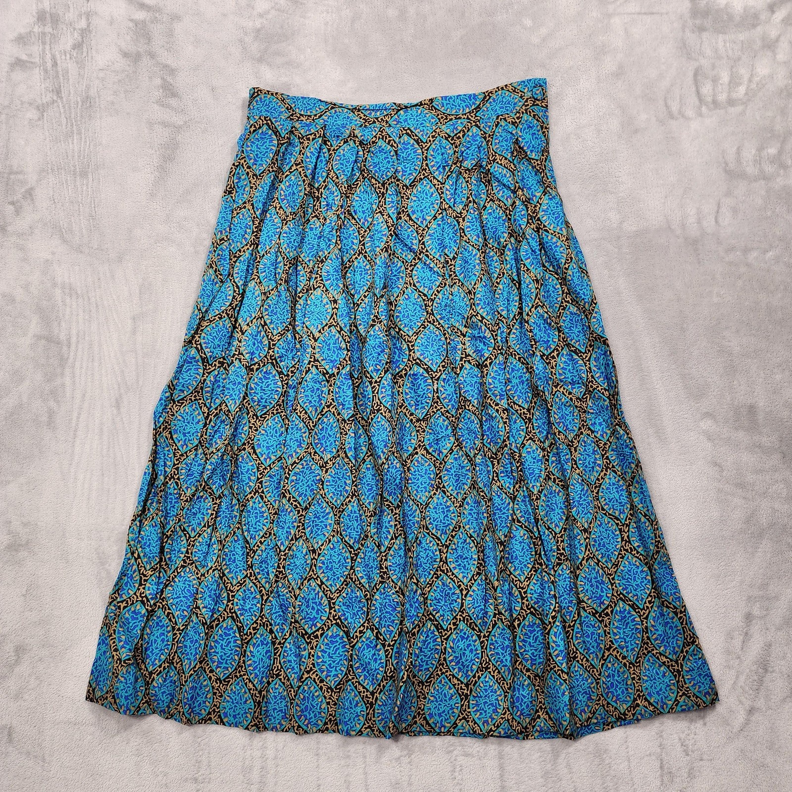 Vintage Worthington Skirt Womens 14 Blue Geometric A-Line Pleated Rayon Midi