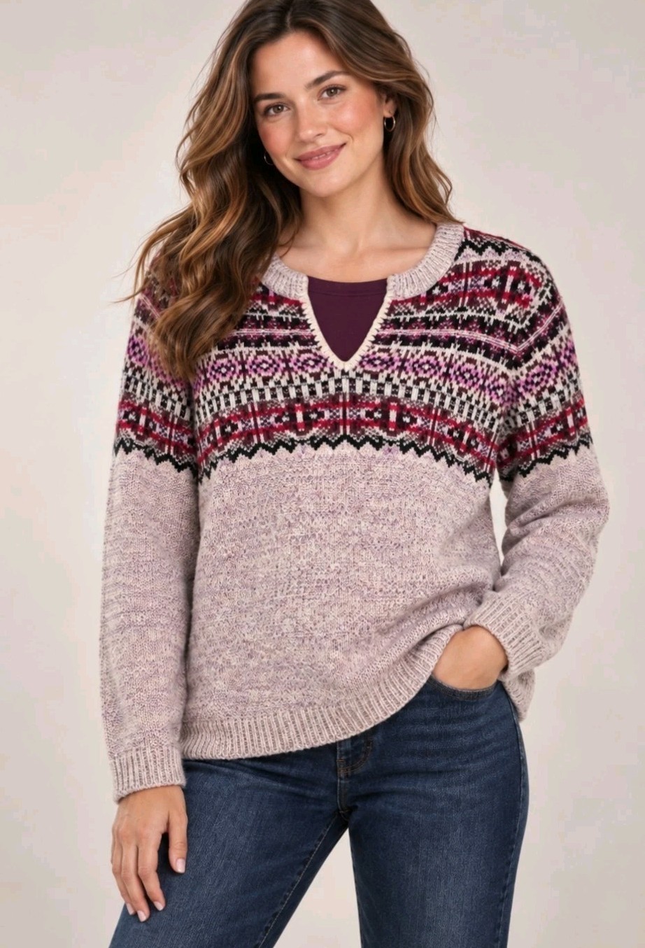 J. Jill Chunky Knit Fair Isle Crew Neck Sweater Cabincore Cozy Winter Apres Sz L
