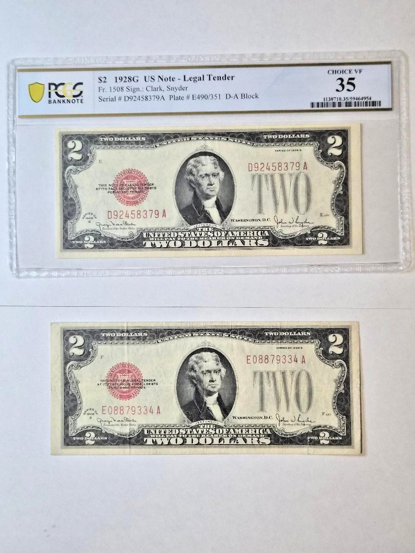TWO 1928G $2 US Notes 1 graded by PCGS ChoiceVF 35 TWO 1928G $2 US Notes 1 graded by PCGS ChoiceVF 35