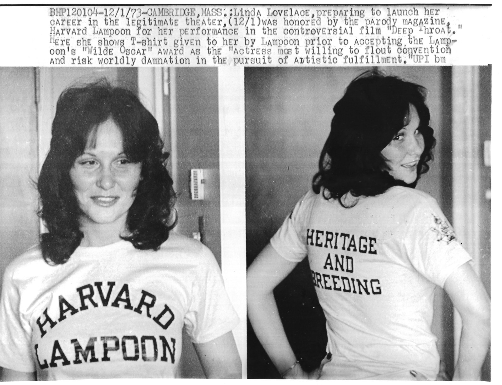 Vintage 1973 Linda Lovelace Harvard Lampoon UPI News Wire Photo 7x9.25 Original