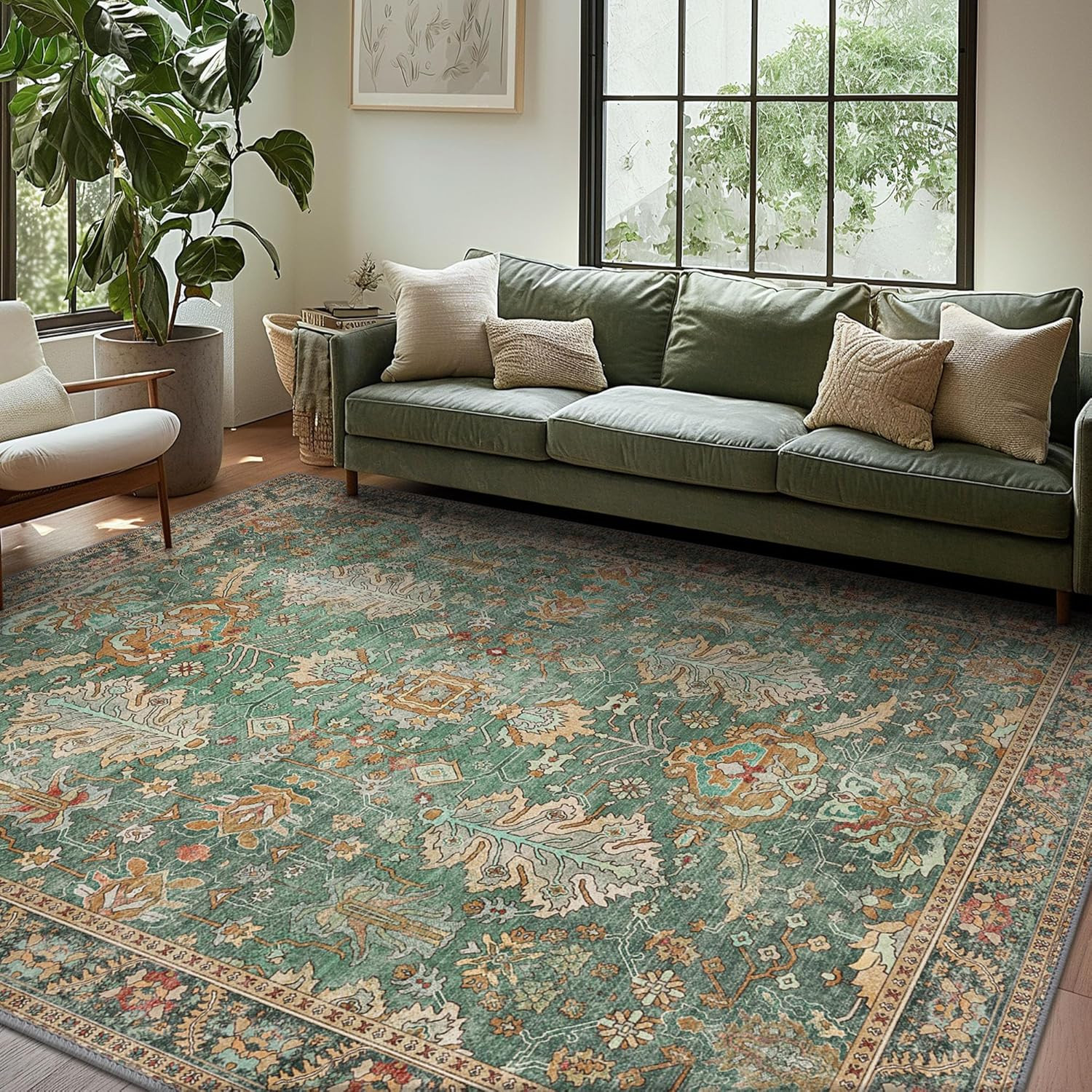 8x10 Washable Area Rug Green Boho Vintage Non Slip Low Pile Carpet 8x10 Washable Area Rug Green Boho Vintage Non Slip Low Pile Carpet