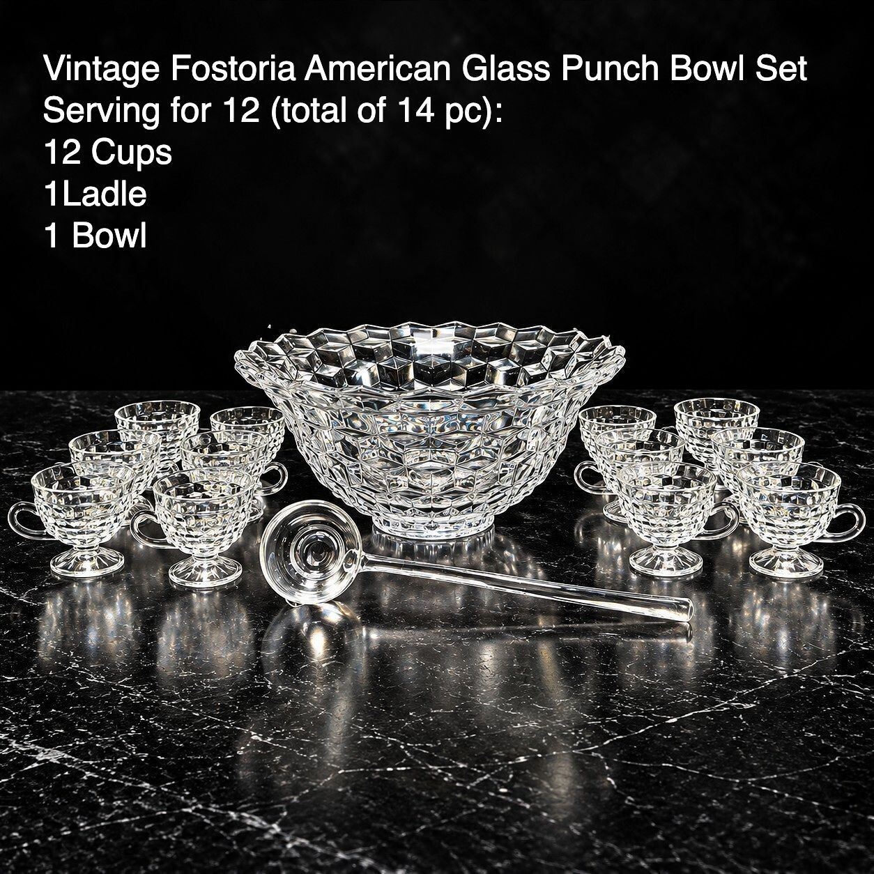 Vintage Fostoria American Glass Punch Bowl Set 12 Cups Ladle 14 Pc