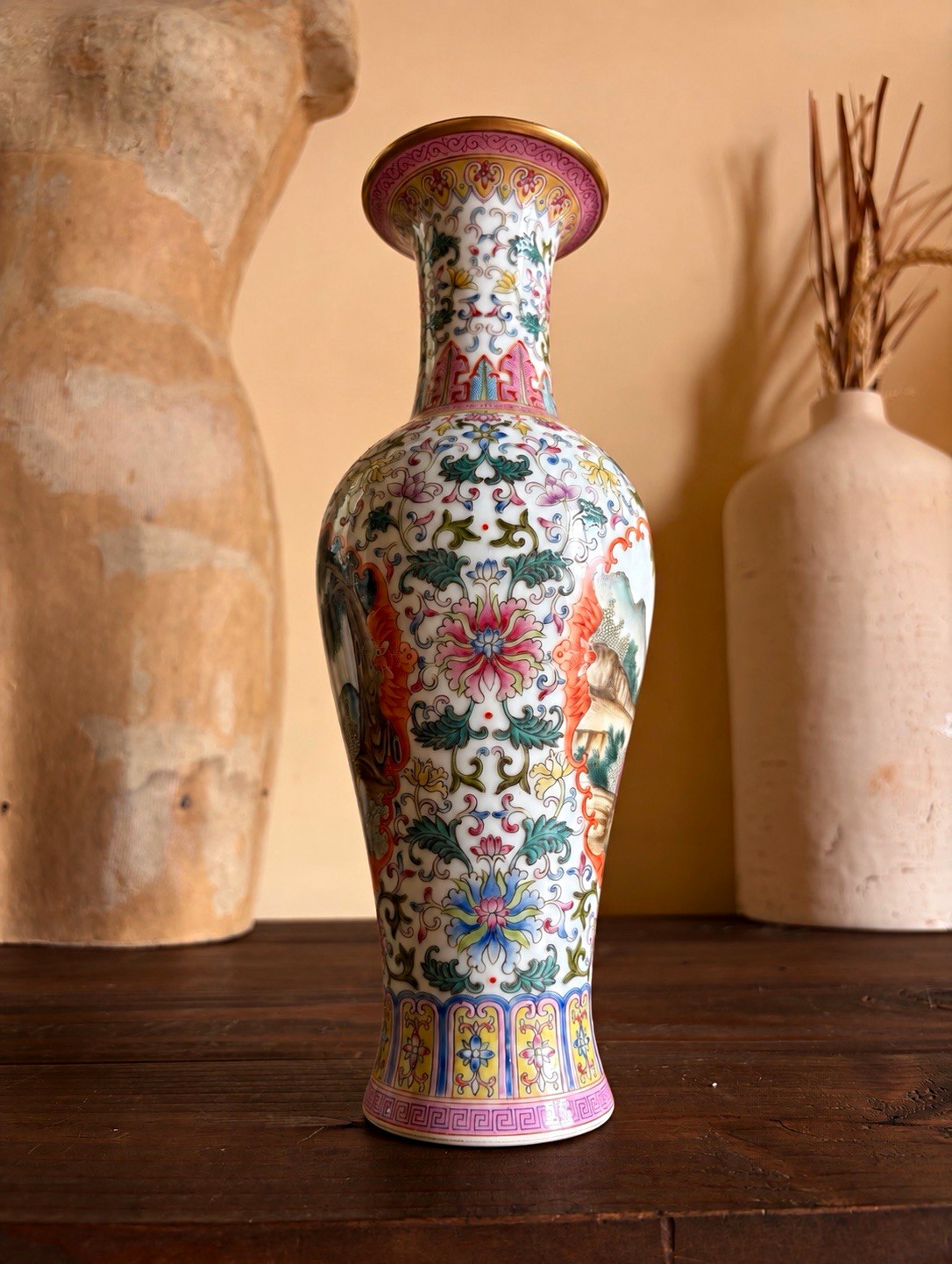 Vintage Chinese Famille Rose Porcelain Vase Figural Floral 11.5” Red Seal Mark Vintage Chinese Famille Rose Porcelain Vase Figural Floral 11.5” Red Seal Mark