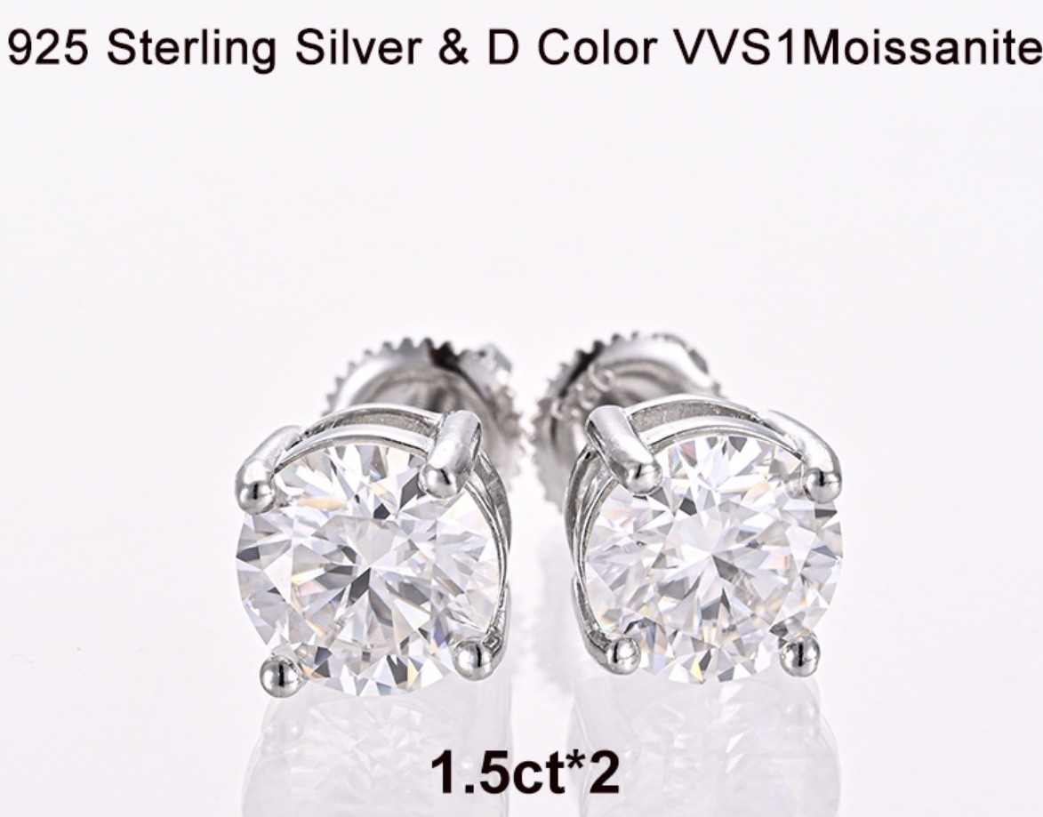 1.5 ct Moissanite Screw Back 925 round Solitaire Stud Earrings GRA Certified vvs