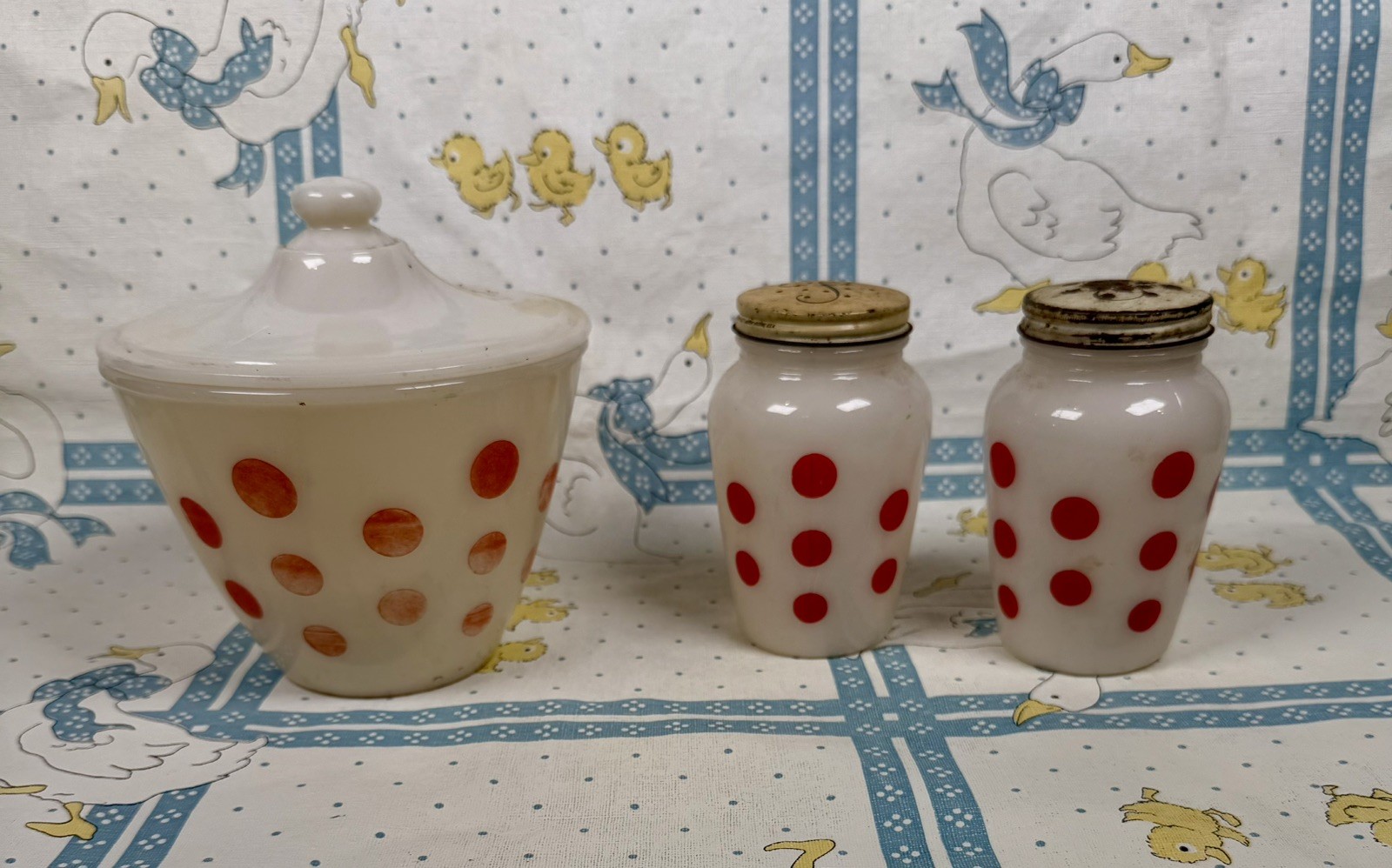 1950\'s Fire King Red Polkadot Grease Jar And Salt Pepper Shakers some paint loss