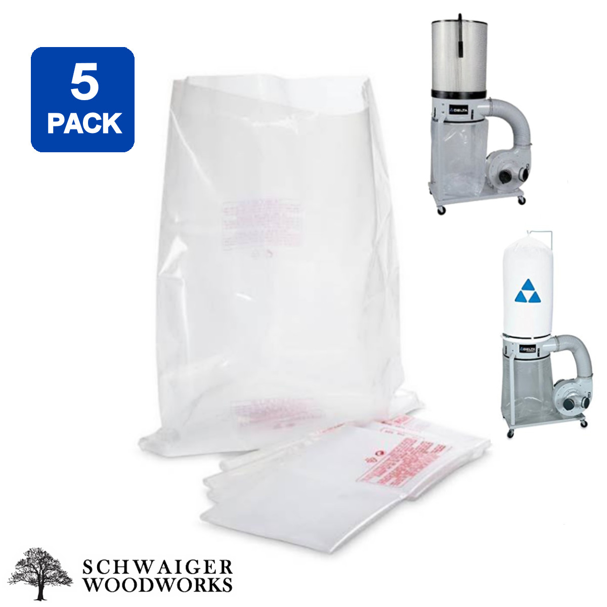 (5) Plastic Dust Collector Lower Bags for Delta model# 50-850 & 50-850A, 50-364 