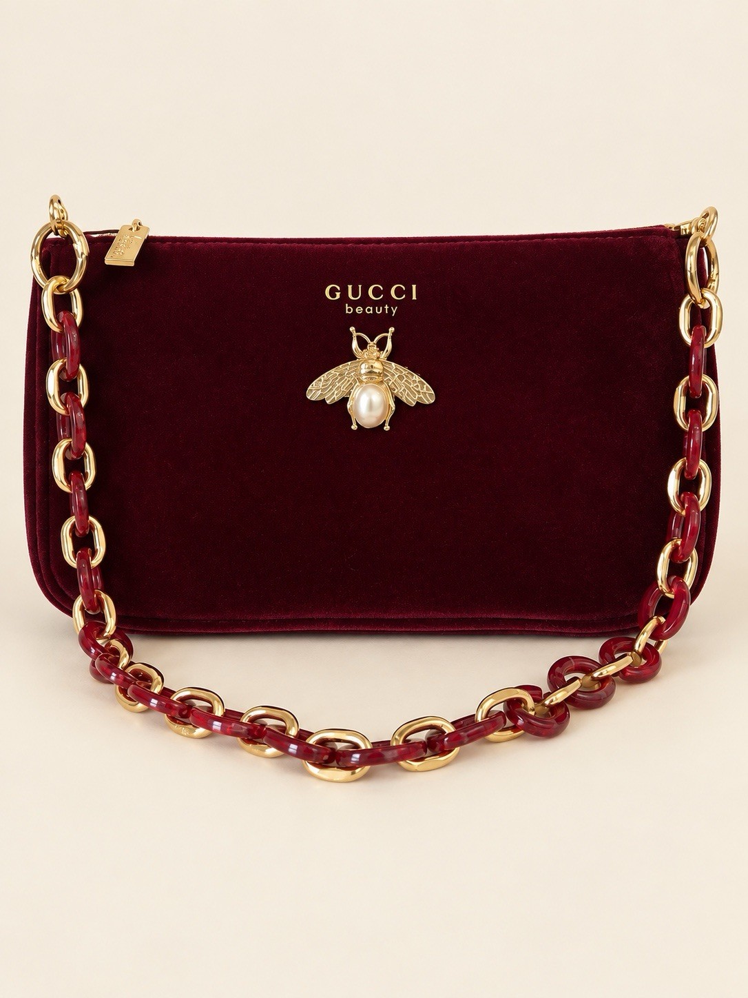Gucci Beauty GWP Burgundy Red Velvet Gold Bee Shoulder Bag 26” Chain Strap NIB
