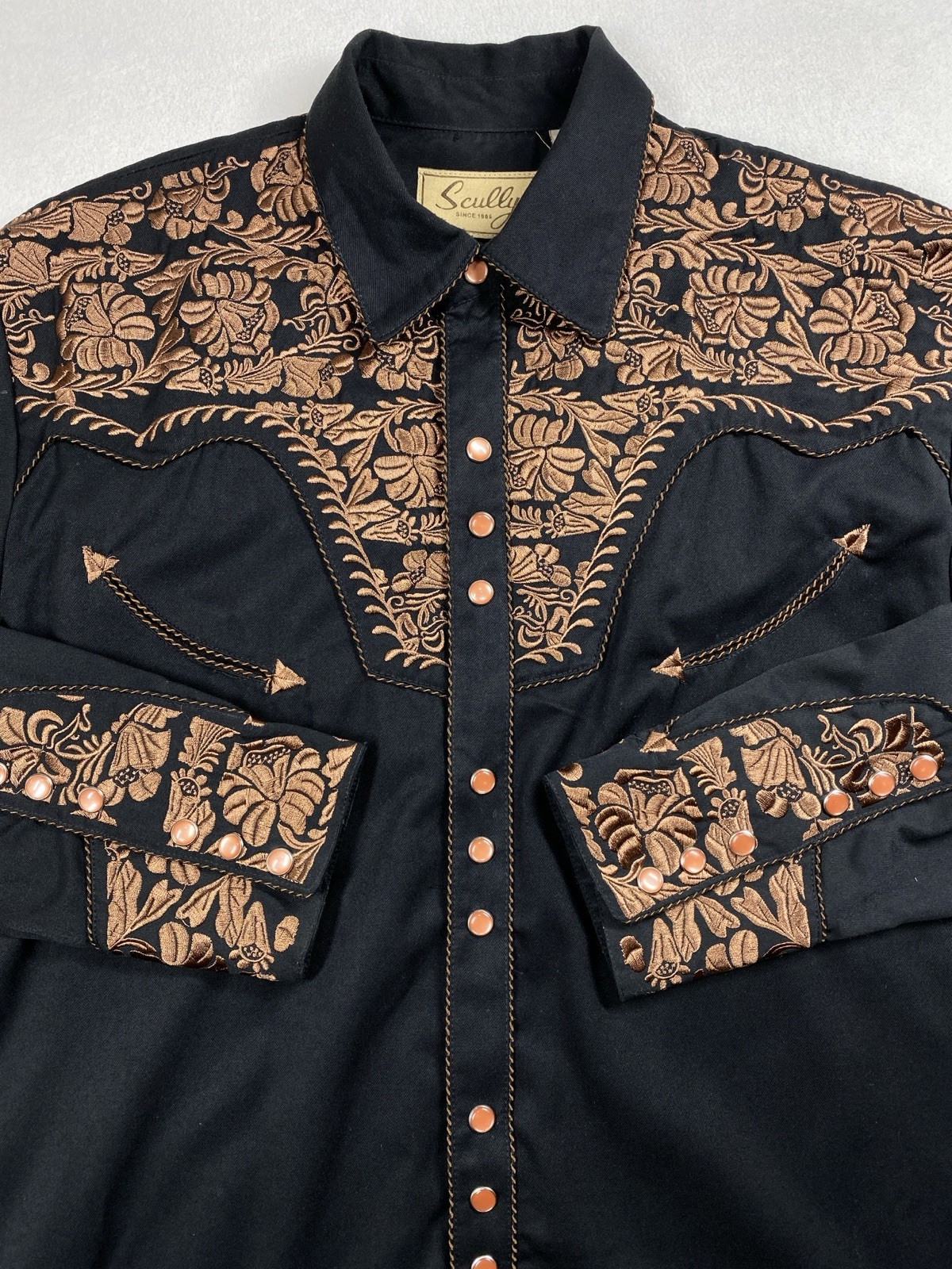 Scully Western Shirt Mens M Black Pearl Snap Western Floral Embroidery Cowboy