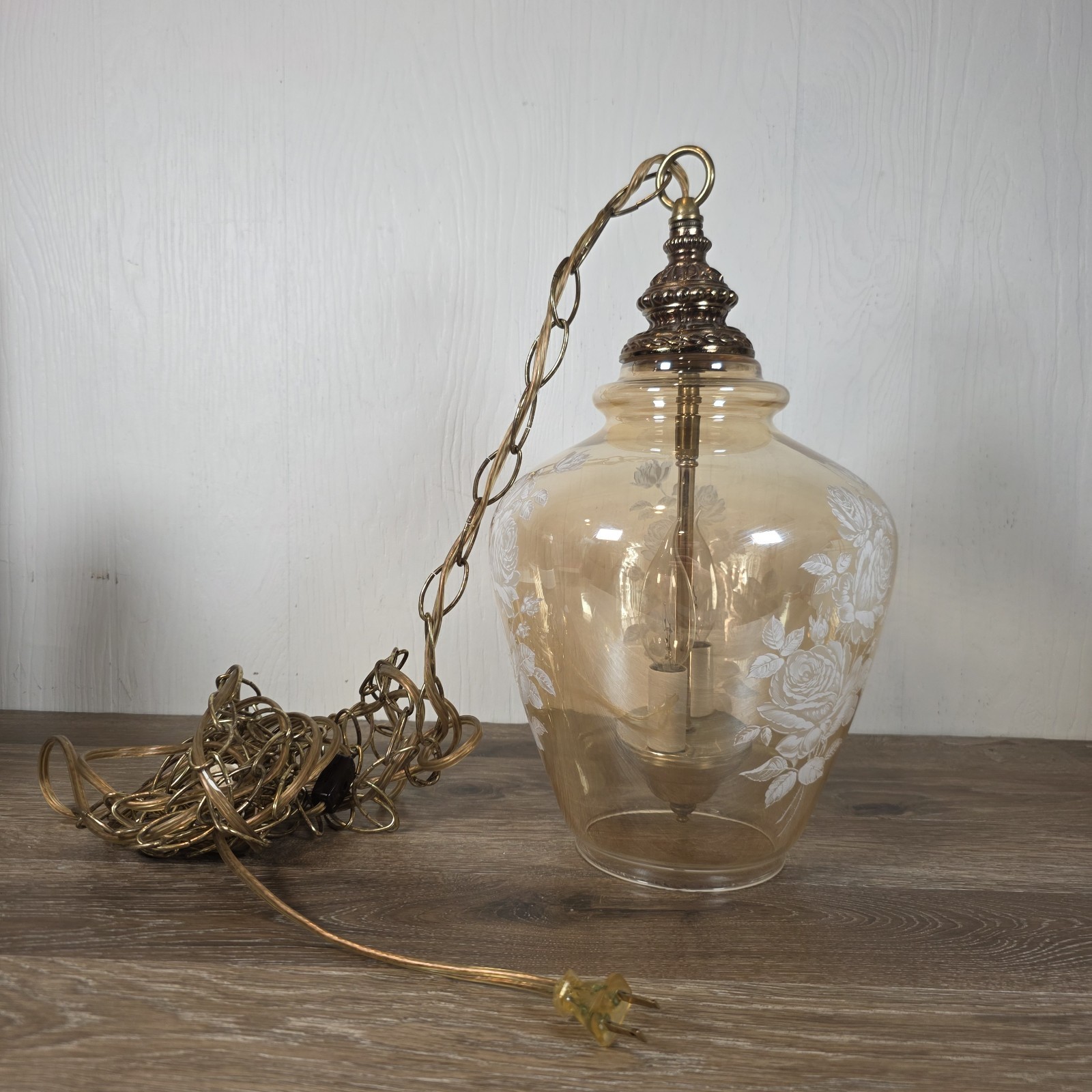 VTG MCM Swag Lamp Hanging Light Clear Amber Glass Painted Roses Pattern Brass VTG MCM Swag Lamp Hanging Light Clear Amber Glass Painted Roses Pattern Brass
