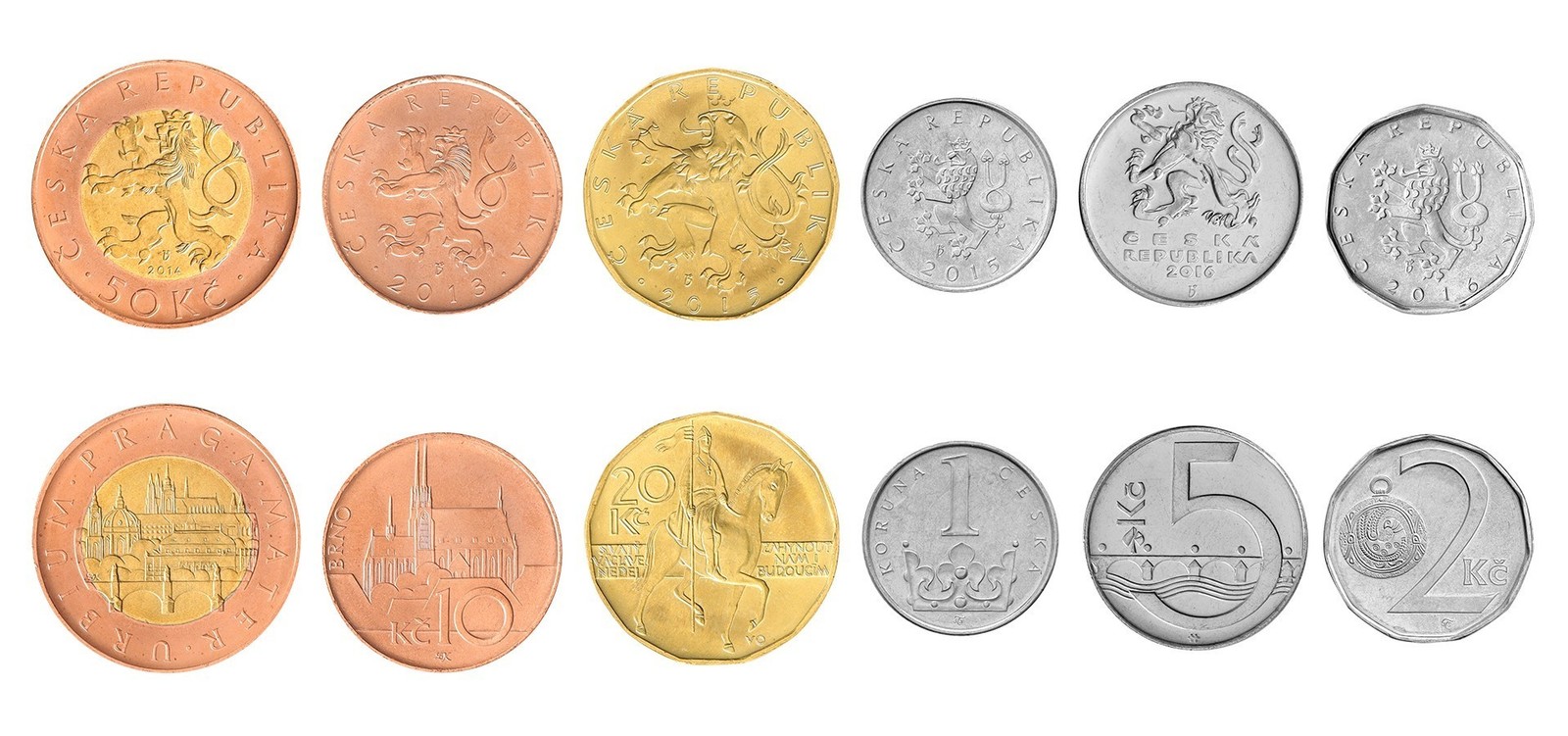 Czech Republic 1 Koruna - 50 Korun, 6 Pieces Set, 1993-2025, KM #1-9, Mint