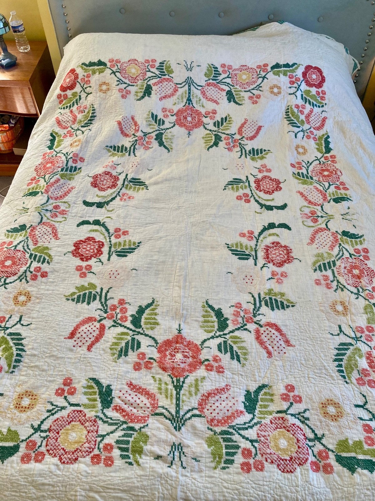 Antique PA Dutch QUILT handmade cross stitch Floral Queen 92\