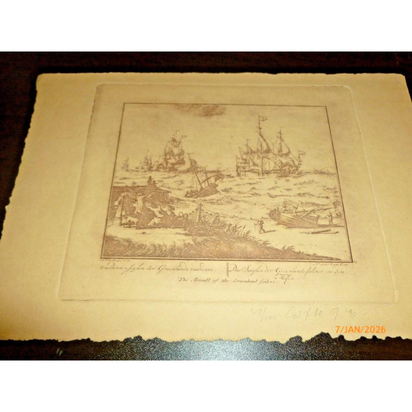 Antique Etching Arrival of the Greenland Whalers Arctic Ships Port Scene W. 6x8