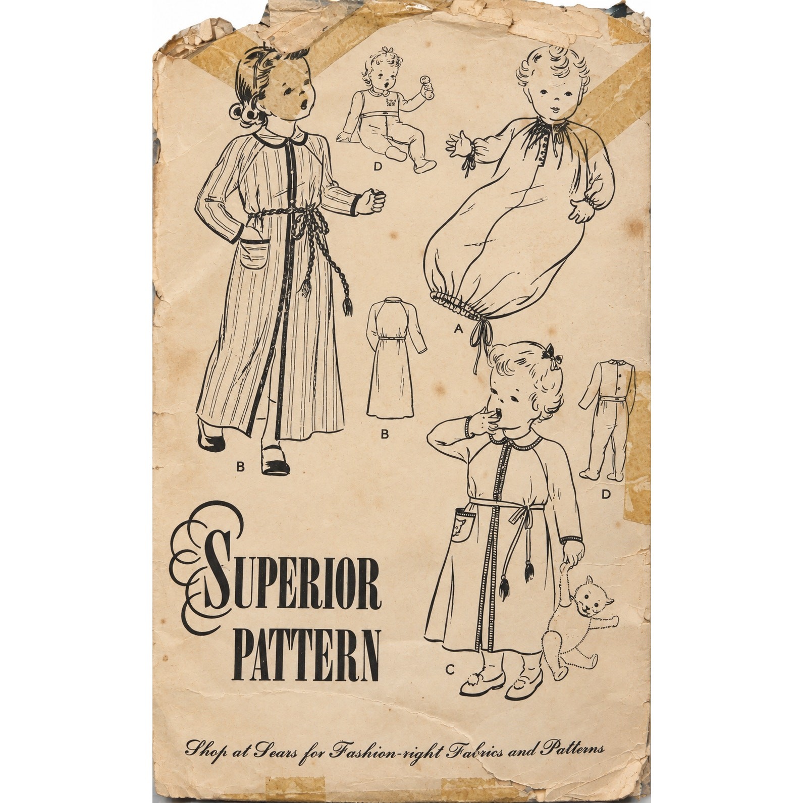 Antique 1940s Superior Sewing Pattern 6401 Child Pajama Robe Sleeping Suit 1T-4T