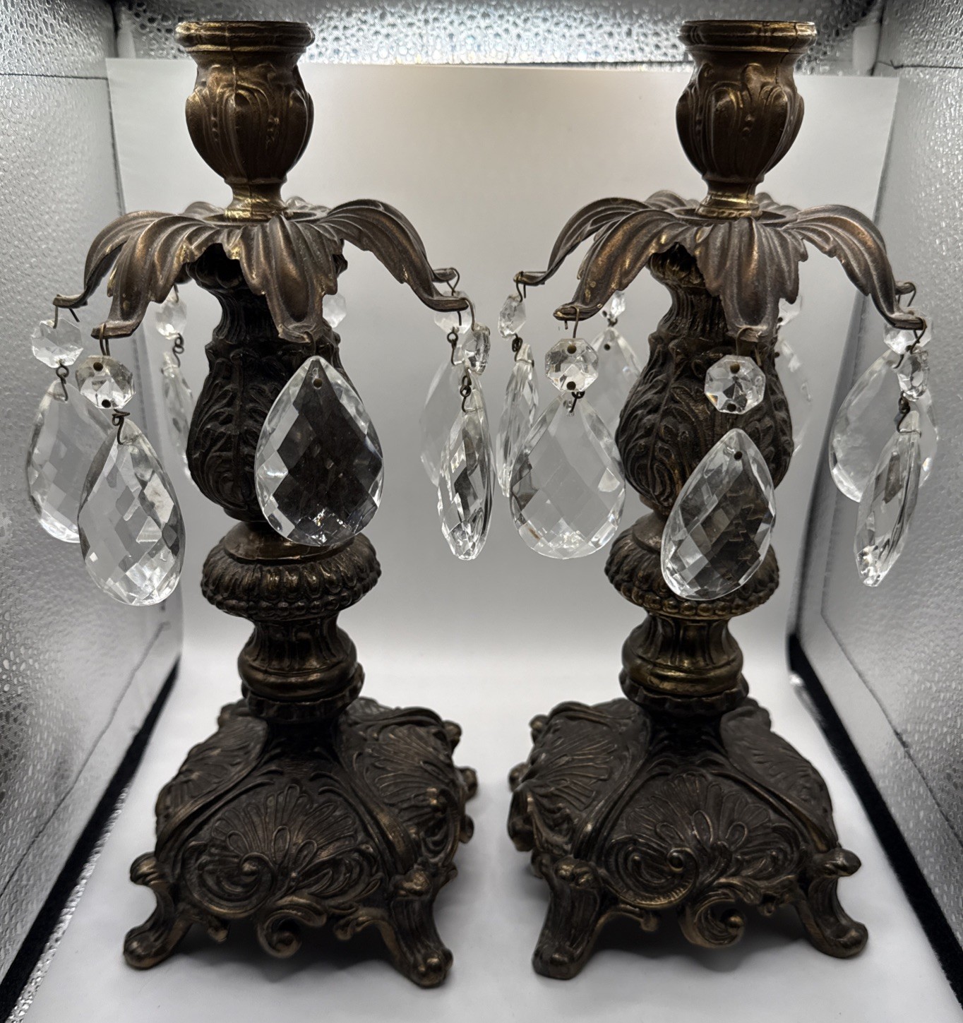 Vtg. Hollywood Regency Pair of Ornate Metal Candlesticks Holders with Prisms Vtg. Hollywood Regency Pair of Ornate Metal Candlesticks Holders with Prisms