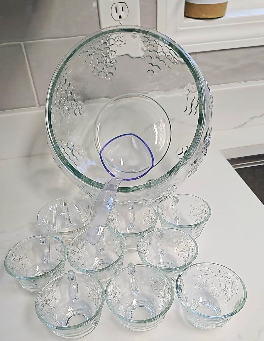 Vintage Clear Pressed Glass Grapevine Punch Bowl Set 11-Piece Round Decorated