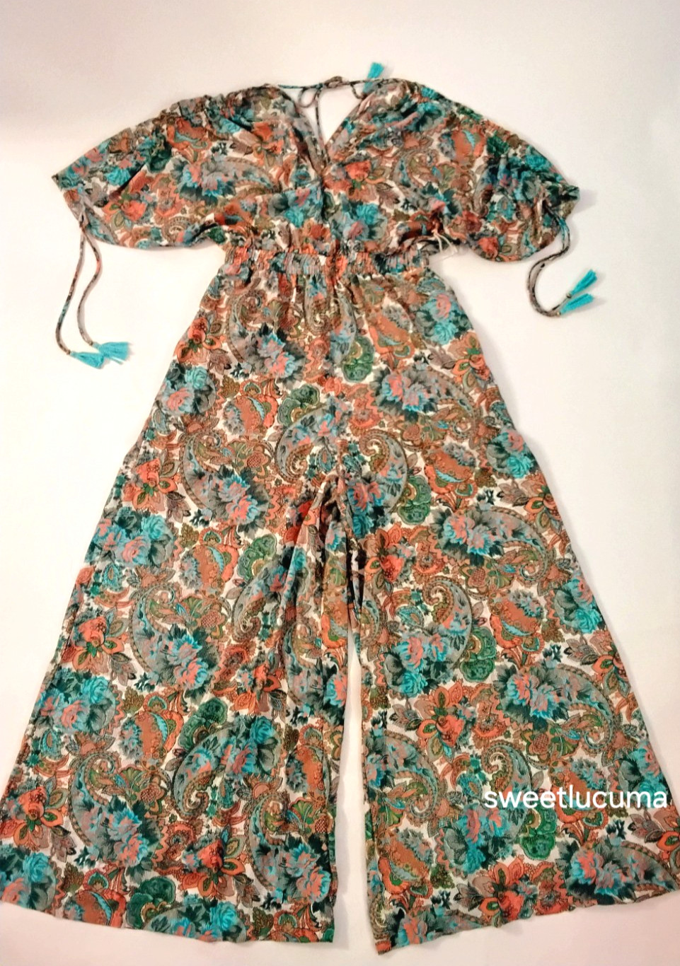 NWT Boemo Anthropologie Wide Leg Jumpsuit XL Paisley Elastic Waist Pockets Boho