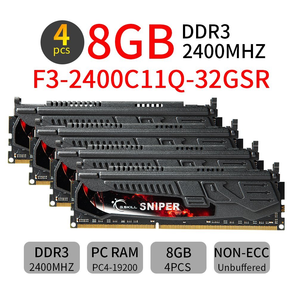 G.SKILL Sniper 32GB 4x 8GB DDR3 OC 2400MHz PC3-19200 Desktop PC Gaming Memory AB