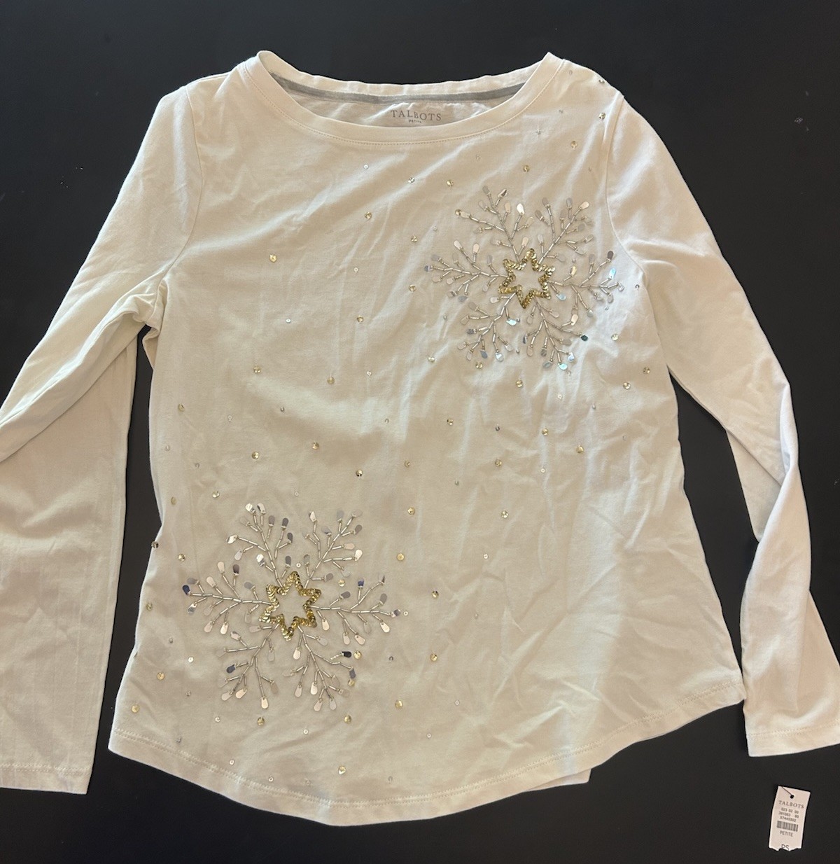 Talbots Women’s White Long Sleeve Sequin Embellished Top Shirt Size Small Petite