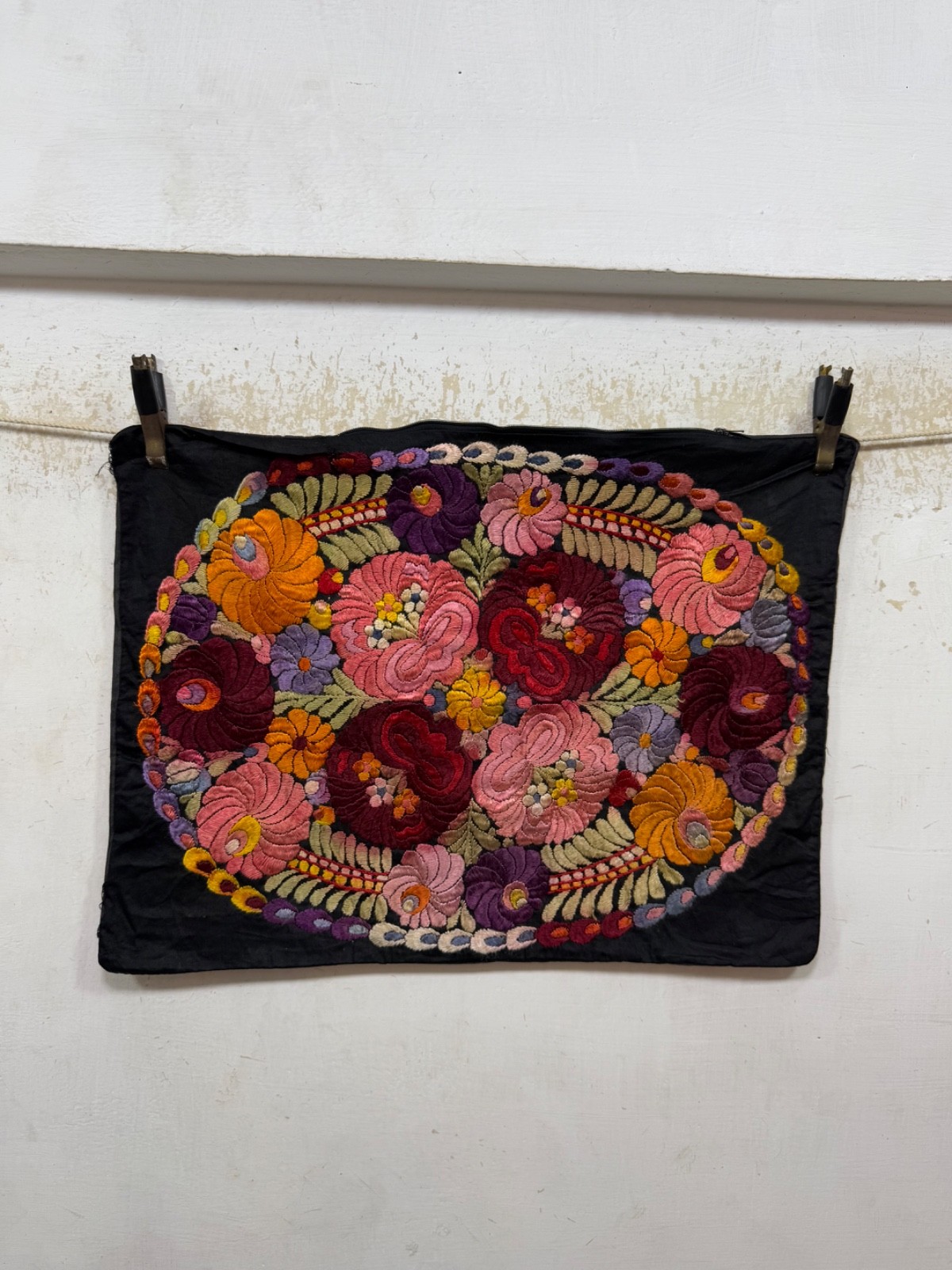 Vintage Beautiful Hand Silk Embroidered Hungarian Matyo Folk Art Textile Cushion