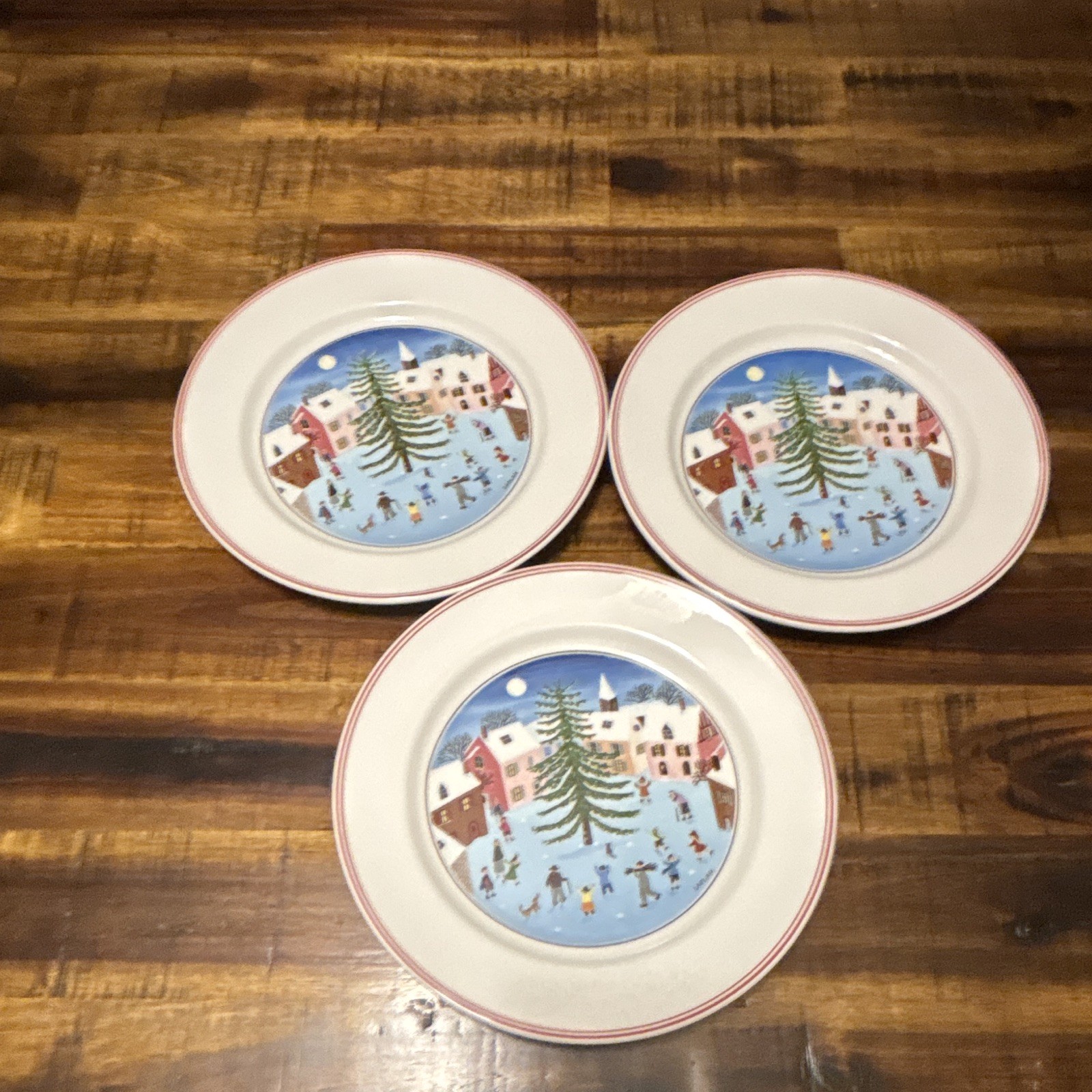 Villeroy & Boch Naif Christmas 8” Salad Plates.  Set of 3 Village Scene Holiday