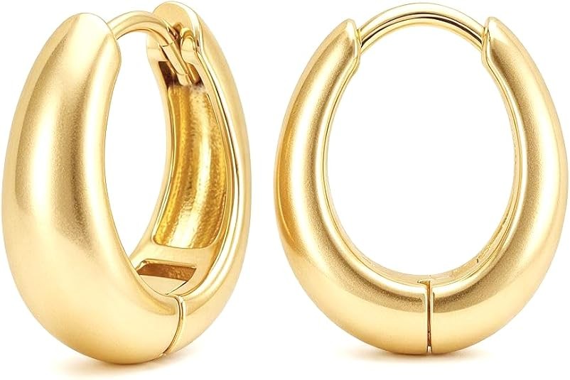 14K 13MM Gold Mini Chunky Huggie Hoop Earrings Secure Snap-On Oval Daily Jewelry 14K 13MM Gold Mini Chunky Huggie Hoop Earrings Secure Snap-On Oval Daily Jewelry