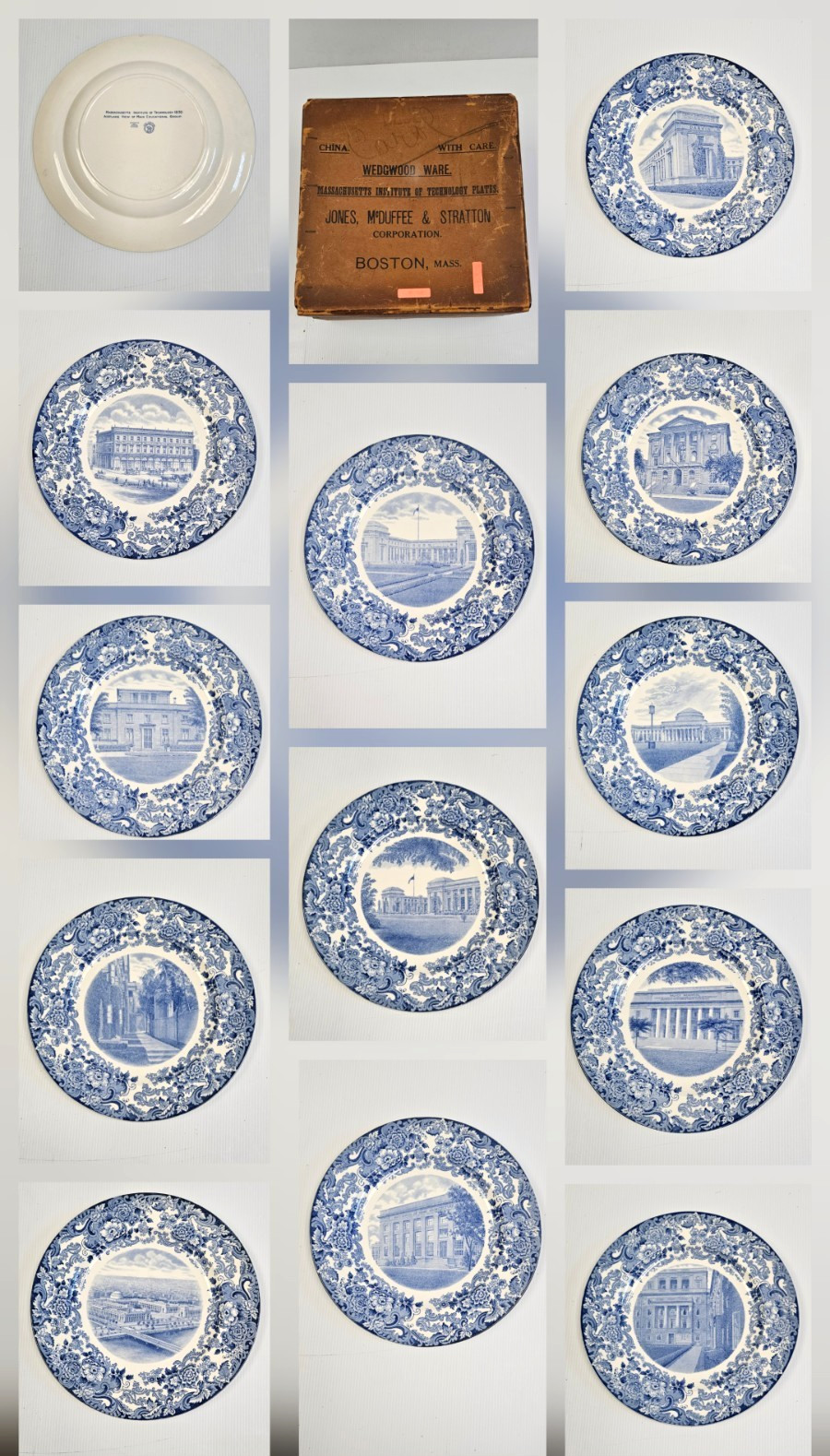 (12) Wedgwood Blue Massachusetts Institute of Technology MIT Dinner Plates w/BOX