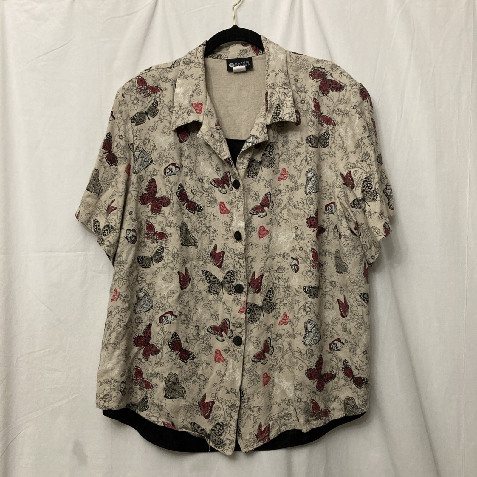 Maggie Barnes Brown & Butterflies Button Up Top w/Faux Cami Liner - SZ 28W