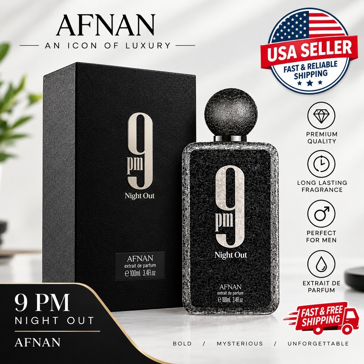 Afnan 9PM Night Out Extrait De Parfum 3.4 oz / 100 ml For Men - New In Box