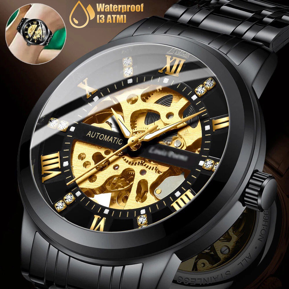 Men\'s Luxury Stainless Steel Gold Tone Skeleton Automatic Mechanical Wrist Watch