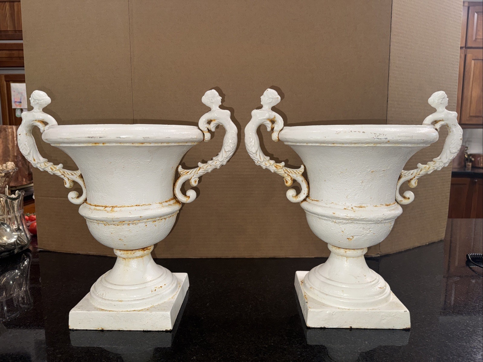 Gorgeous Pair 15” Neoclassical Cast Iron Planters With Ornate Handles. White