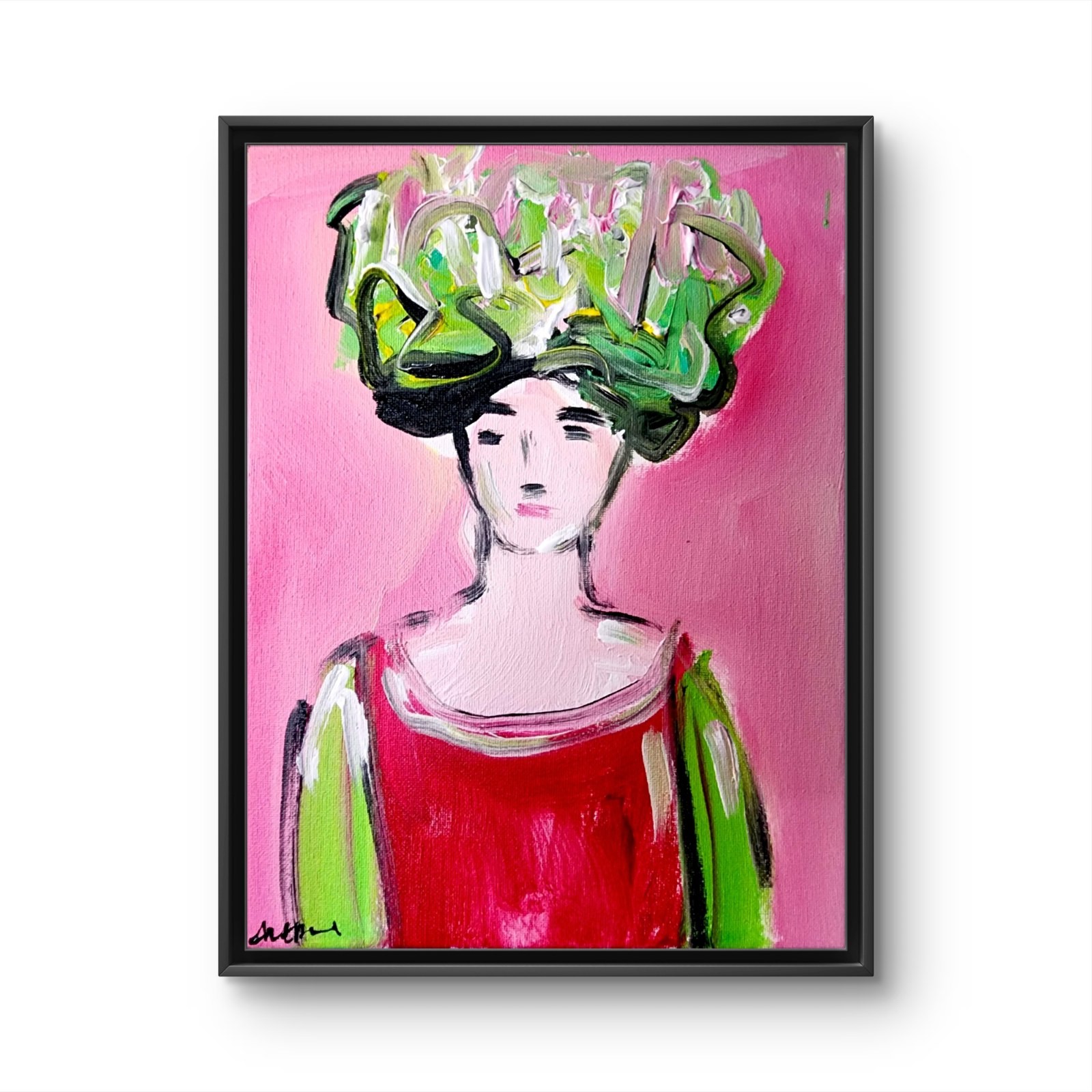 Aleph Original 9x12 Expressionist Woman Green Sculptural Hat Painting Signed