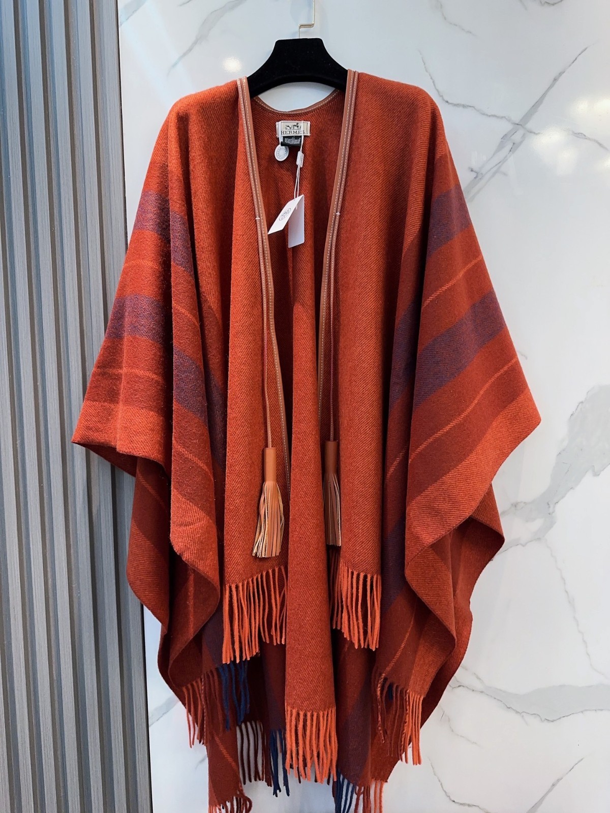 HERMES Striped Cashmere Blend Poncho Cape Orange Brown Leather Trim Fringe Shawl HERMES Striped Cashmere Blend Poncho Cape Orange Brown Leather Trim Fringe Shawl