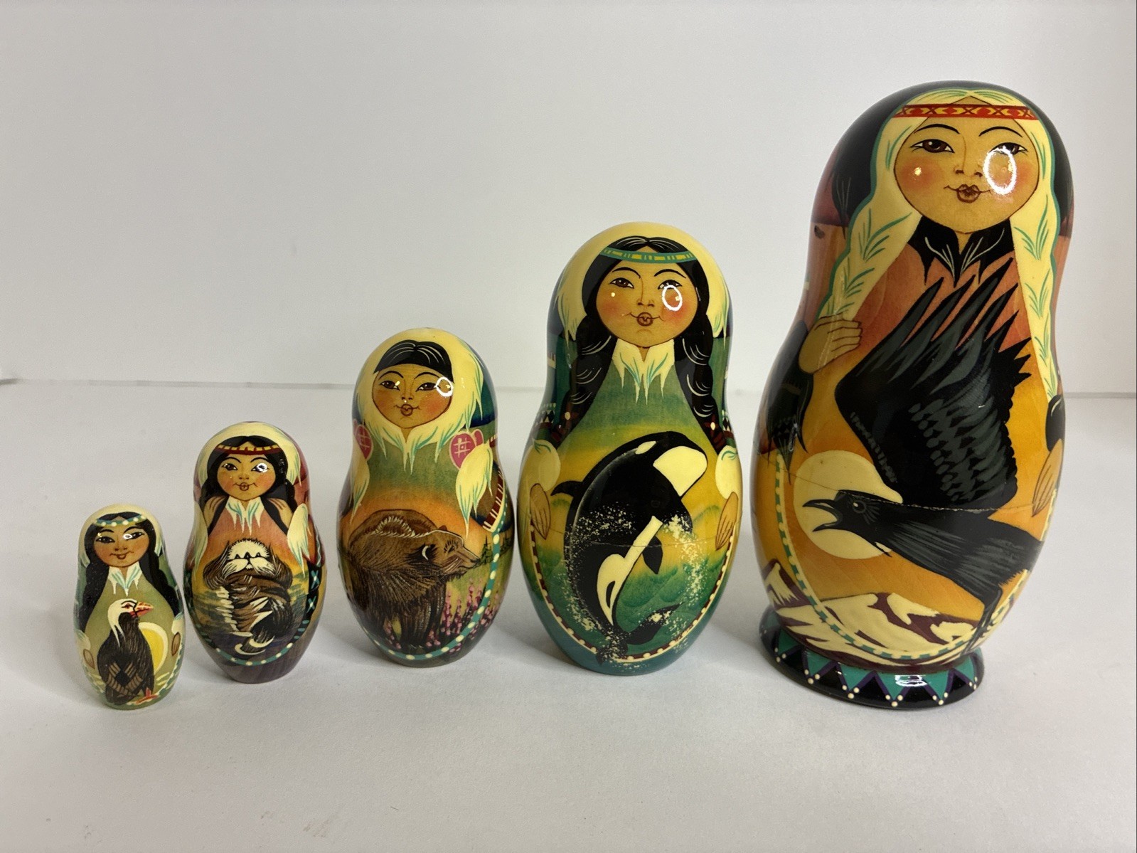 Russian Signed Matryoshka Nesting Dolls Inuit Native American Alaska 5 Lot