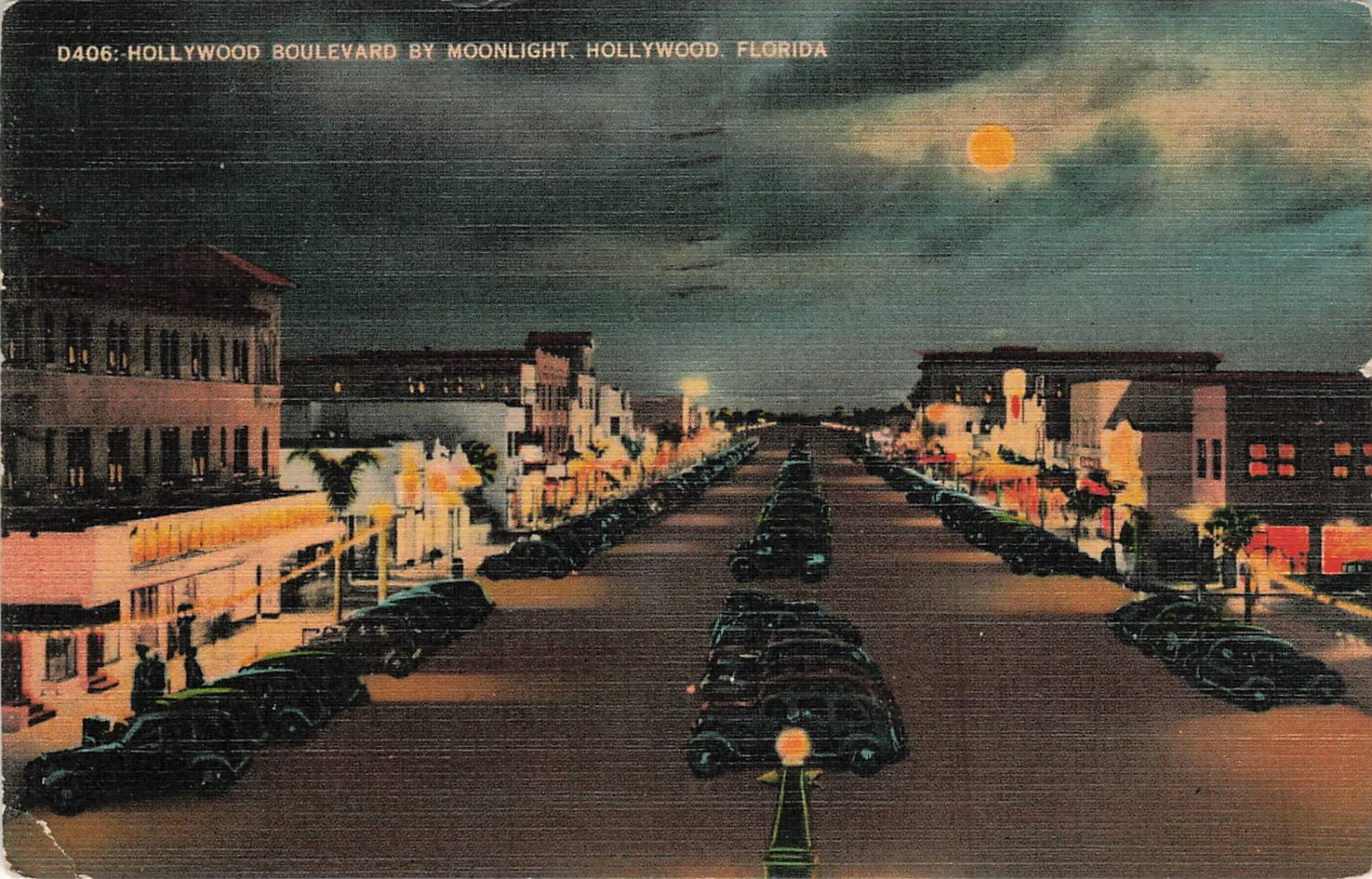 1944 Hollywood FL Boulevard by Moonlight Linen Postcard Vintage Florida 1944 Hollywood FL Boulevard by Moonlight Linen Postcard Vintage Florida