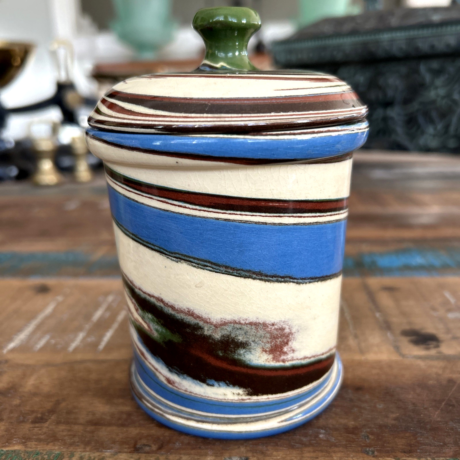 Vintage Desert Sands Pottery Lidded Jar Blue Brown Creme Swirl 5.5\