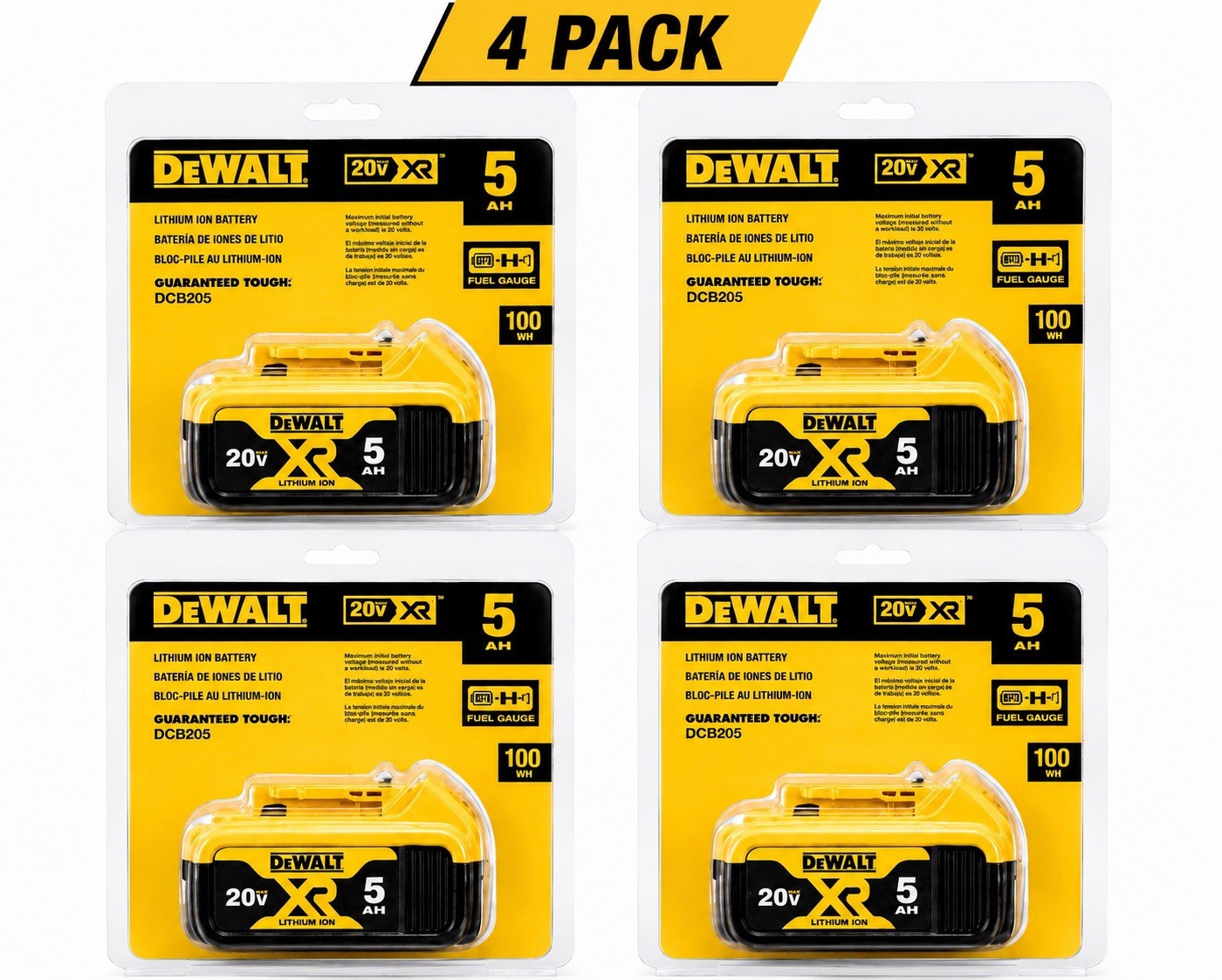 4 Pack DEWALT DCB205 20V Max XR 5.0Ah Lithium-Ion Batteries Pack Of 4. SEALED