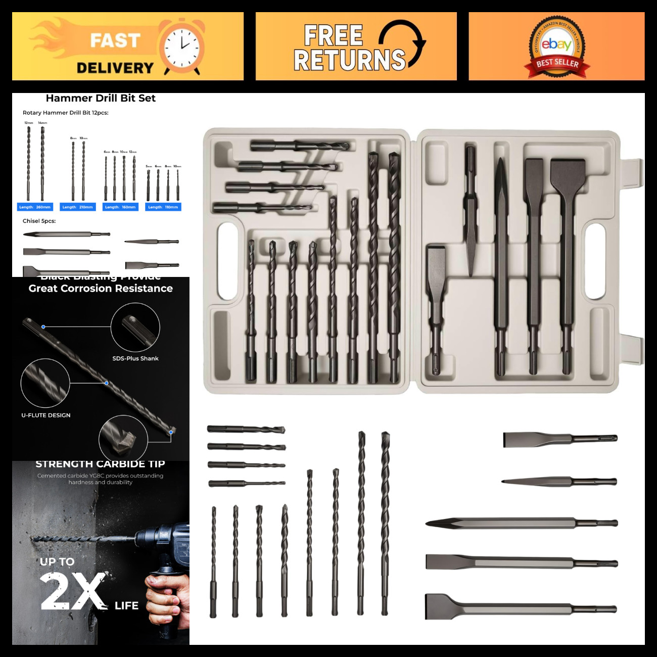 17PCS SDS Plus Rotary Hammer Drill Bit Set with Chisels - Concrete, Masonry Tool